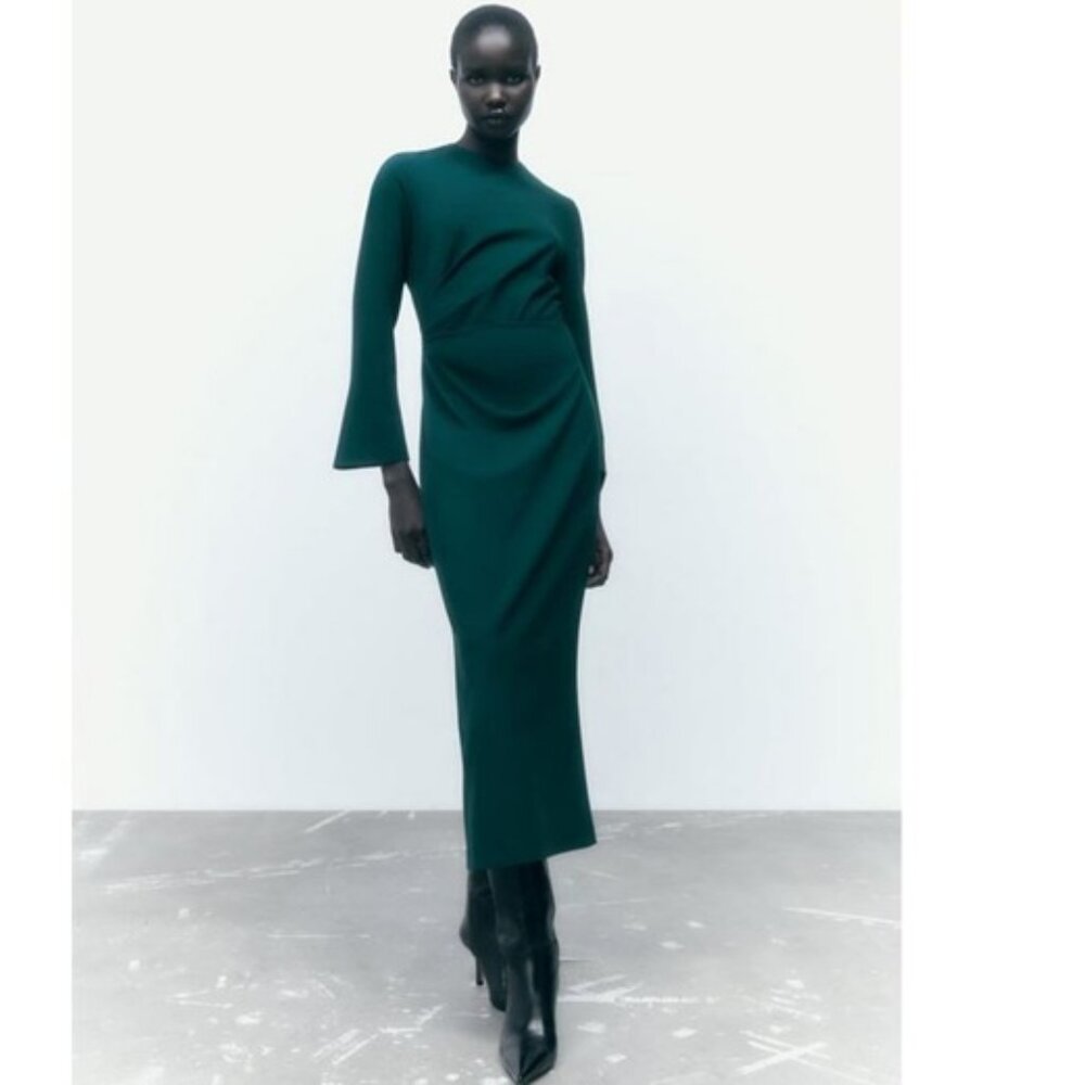 Zara Green Long Sleeve Dress Side Ruched Midi Dresz, NWT, M